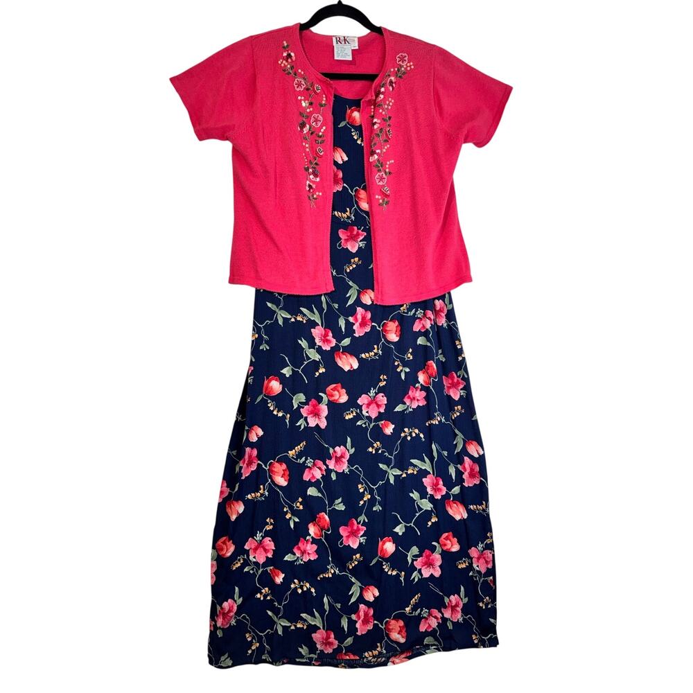 R&K Original VTG Outfit Navy Blue Floral Dress & Pink Cardigan Sweater Petite 10
